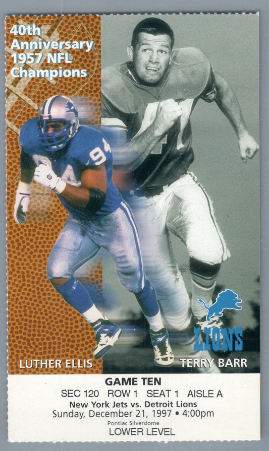Barry Sanders 2053 yd Game His 13th Straight Game over 100 Yds Rushing RECORD 12-21-1997 Ticket Stub New York Jets @ Detroit Lions THE BARRY TICKET