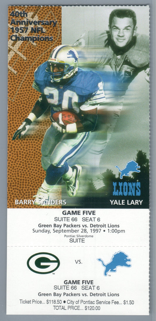 Barry Sanders 139 yds MVP Season Consecutive 100 Yrd Games 3 of 13 FULL Ticket 9-29-1997 Reggie Brown INT TD